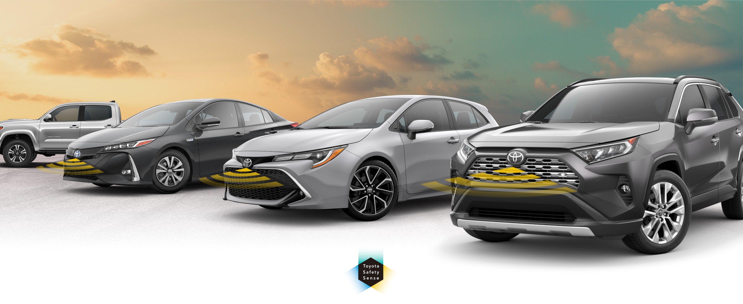 Toyota Safety Sense: Designed for Safety. Options shown on Toyota models including RAV4, Tacoma, and Camry, available now at Space City Toyota in Humble TX.